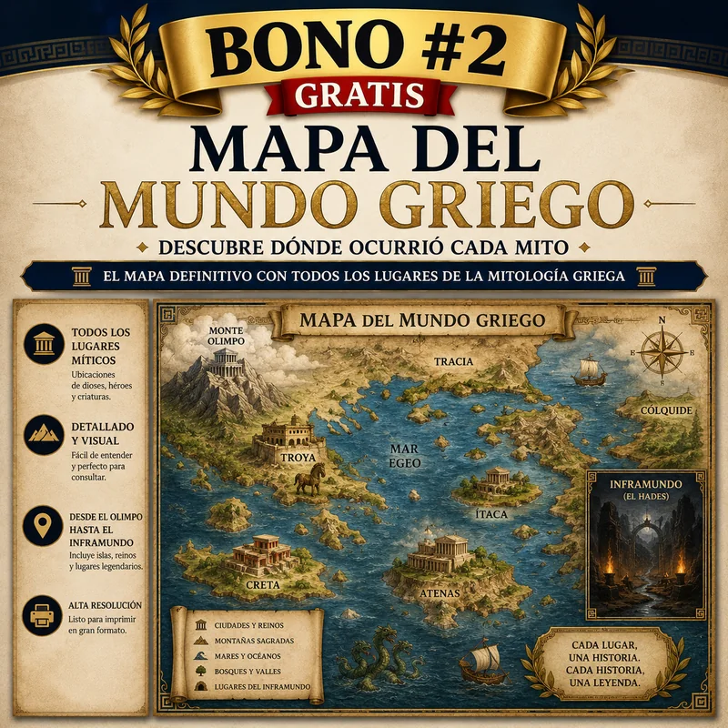 Bono 2, Mapa del Mundo Griego: dónde ocurrió cada mito, el Olimpo, Troya, Ítaca, Creta, la Cólquide y el Inframundo.